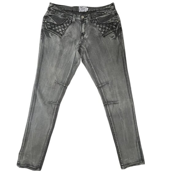 AKADEMIKS Black Wash Distressed Skinny Jeans Size 7 Low-Rise Embroidered Hip-Hop - Picture 2 of 16